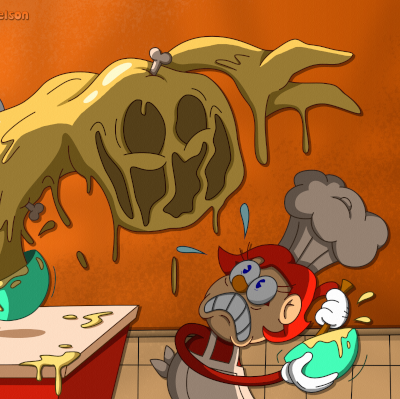 Chef Cooking food with big Glob Monster in the back
